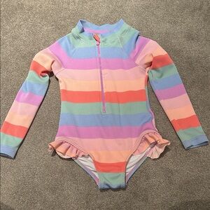 Girls' Pastel Rainbow Striped Long-Sleeve One-Piece Swimsuit